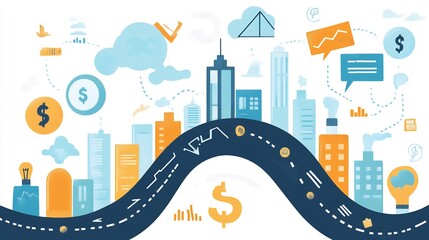 Illustration of a business roadmap leading to a successful financial future with milestones like investment savings and retirement