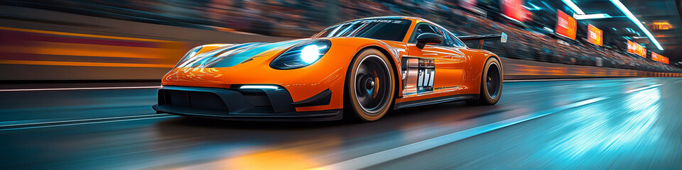 High-Speed Orange Sports Car Racing on Illuminated Race Track with Motion Blur, Capturing Energy, Speed, and Modern Motorsport Vibes