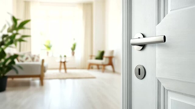 modern door handle on a white door, with a glimpse of the room's interior beyond, offering a clean and minimalist aesthetic with ample copy space for text