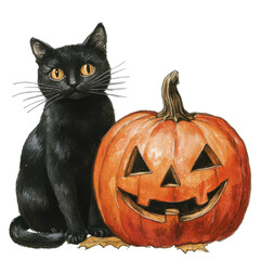 Black Cat with Jack-o'-Lantern Isolated on Transparent Background, Halloween Spooky Companion