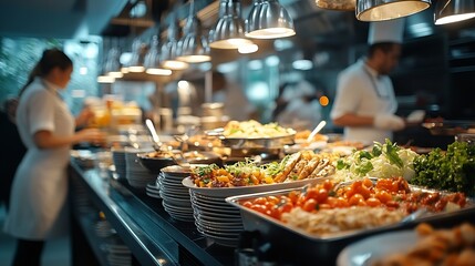 Buffet at hotel restaurant interior blur background with blurry open kitchen counter bar of food catering service business with chef staff cooking for breakfast lunch or dinner meal : Generative AI