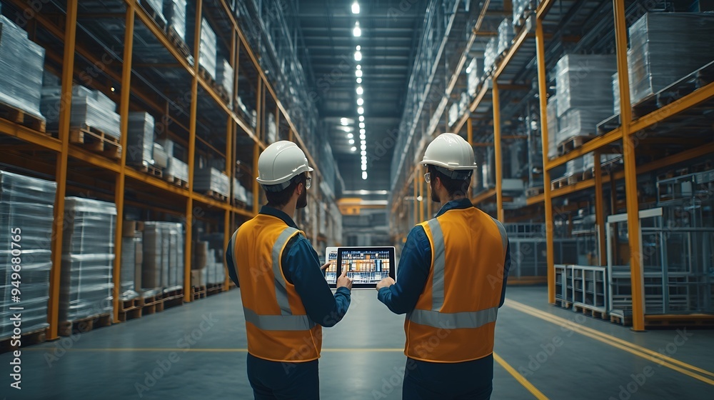 Fototapete Industry 40 Modern Factory Two Engineers in Empty Warehouse Use Digital Tablet Computer with Augmented Reality Software For a Room Mapping Doing 3D Factory Floor Layout High Angle Shot : Generative AI