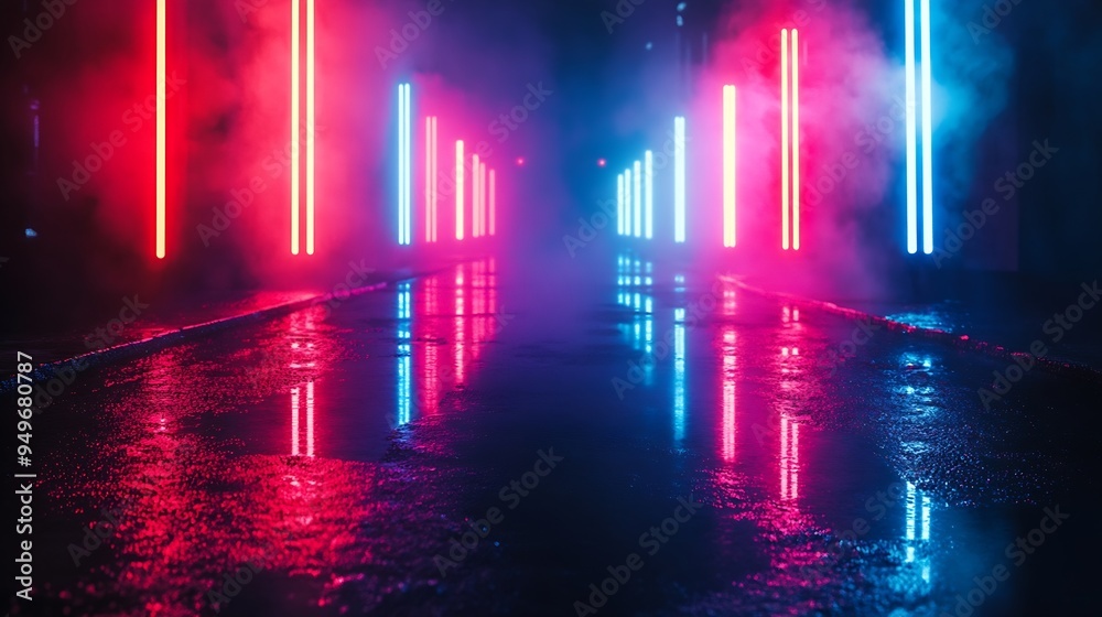 Poster Empty background scene Dark street reflection on wet asphalt Rays of neon colorful light in the dark neon figures smoke Background of empty stage show Abstract dark and neon light back : Generative AI