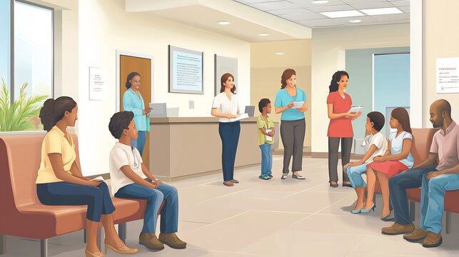 Illustration of a community health clinic with people of all ages receiving care in a welcoming environment