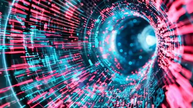 Blue sphere approaching inside pink digital tunnel