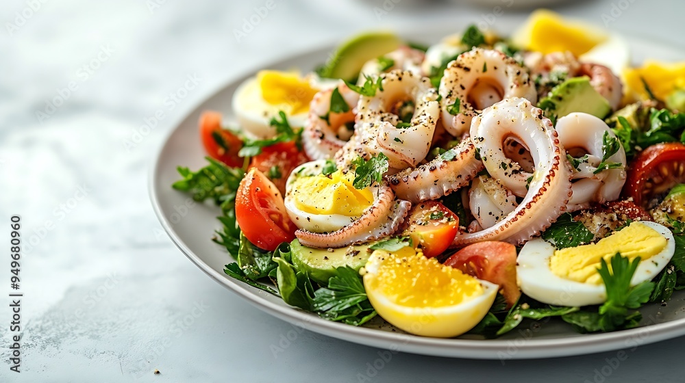 Aufkleber Healthy salad with squid and avocado on white plate with harsh shadows Calamari salad with vegetables and eggs on white background with shadows of leaves Summer food menu : Generative AI