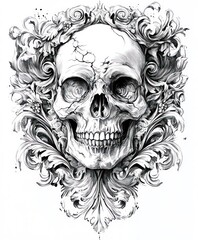 A detailed skull illustration surrounded by ornate floral designs.