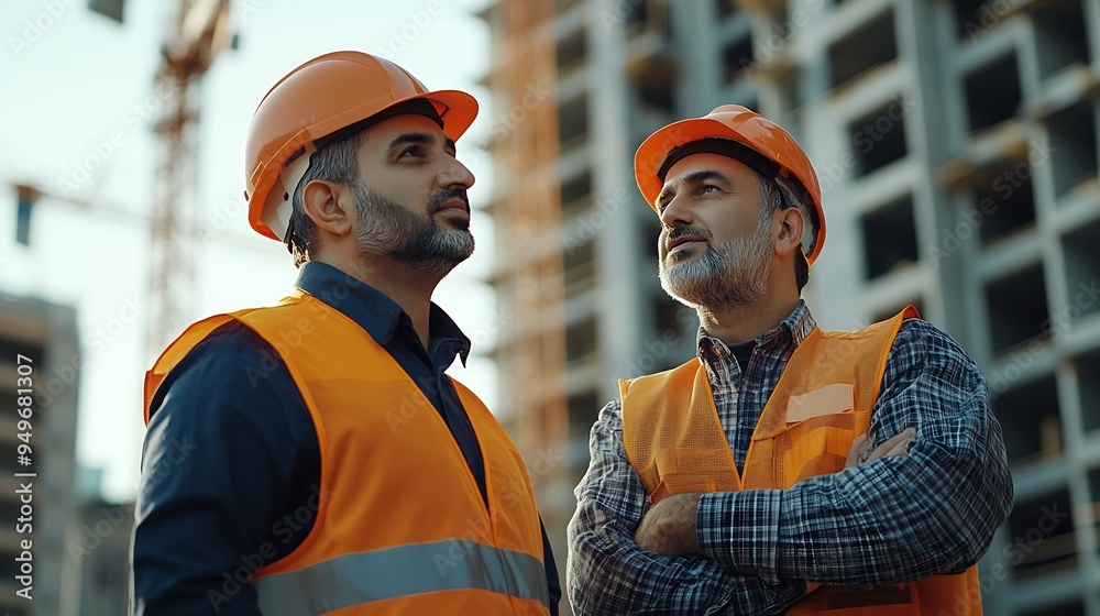 Aufkleber civil engineer and worker discussing issues at the construction site in the morning : Generative AI