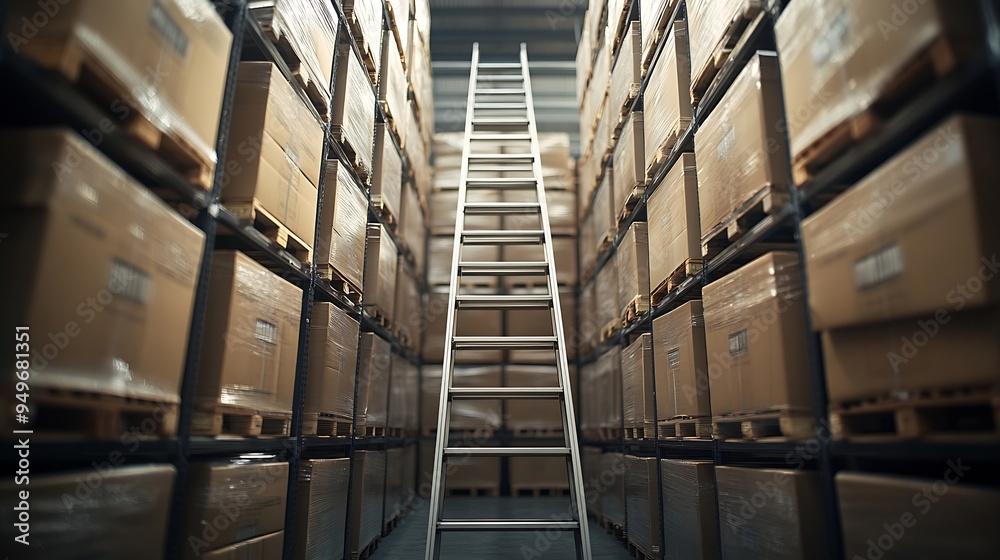 Poster boxes ladder and shelves with inventory at warehouse for distribution supply chain or logistics empt