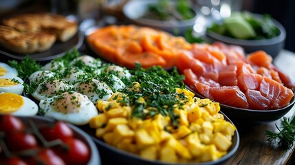 Vegetable plates with meat fish and eggs Complete diet for the day Various breakfasts lunches snacks Time to eat healthy foods Eating by the hour Health concept : Generative AI