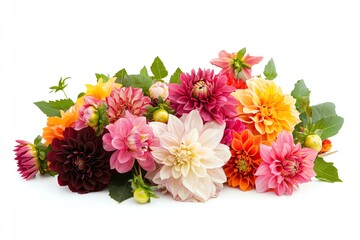 A bouquet of colorful dahlias, isolated on white background.