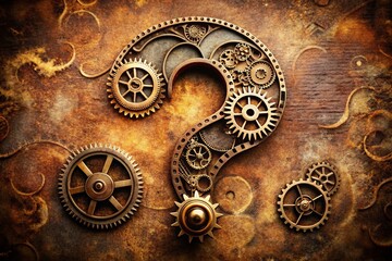 Naklejka premium mysterious steampunk Victorian era-inspired question mark gear mechanism intricate clockwork apparatus vintage distressed textures earthy tone old book page style forgotten knowledge secrets