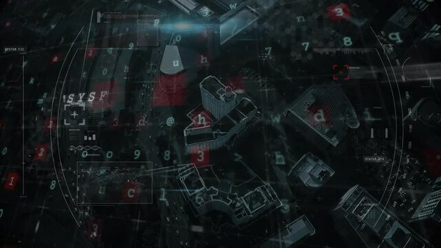 System hacked text animation over aerial view of city with digital codes