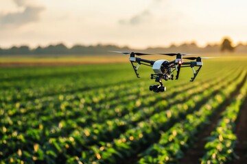 Naklejka premium Precision agriculture with drones scanning crops for health. Fields of varying crop types in the background, Generative AI