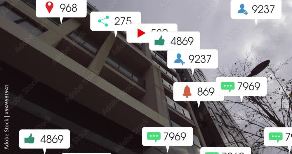 Wall mural Social media notifications animation over modern apartment buildings