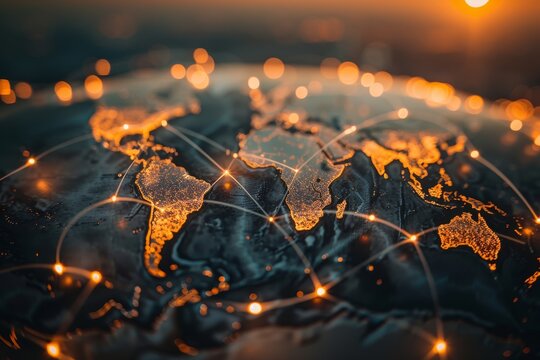 A map of the world depicted with lights on it, showcasing global connectivity and events, The connection between global events and market reactions