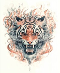 A fierce tiger's face surrounded by swirling flames, showcasing strength and intensity.