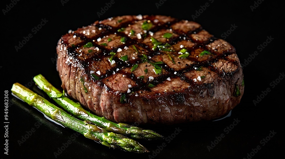 Poster Grilled Fillet Mignon Steak with roasted asparagus Black background Top view Copy space : Generative AI