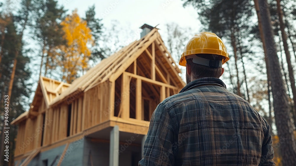 Poster worker building wooden twostory house near the forest man in work clothes and hard hat reviewing the