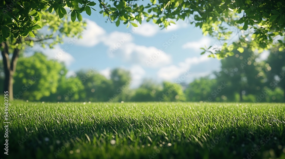 Poster Blurred photogreen tree background View of the wild grass lawn Light sky : Generative AI
