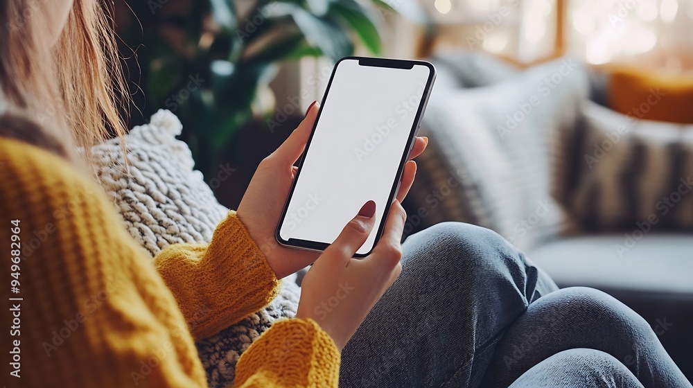 Poster mockup image of a woman holding and using mobile phone with blank desktop white screen at home : gen