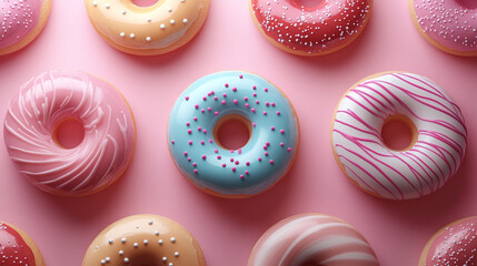 Colorful donuts with various toppings arranged on a pink background, perfect for sweet treats and dessert themes.