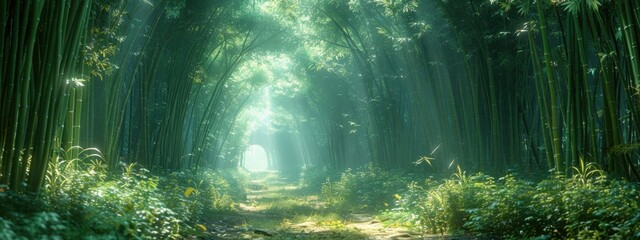 Bamboo Forest: A mystical bamboo forest with dappled sunlight and a winding bamboo path.
