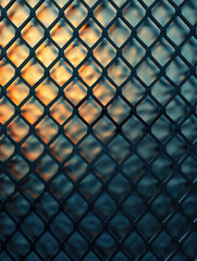 Naklejka premium A close-up of a metal mesh grid with the warm glow of sunset in the background, creating a striking contrast between the industrial design and soft lighting.