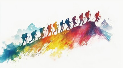 Obraz premium Hikers ascend colorful mountain, showcasing determination and adventure. vibrant watercolor style adds sense of joy and exploration to scene.