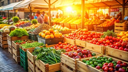 Fototapeta premium FreshMarketDelights vibrant morning scene of bustling wholesale produce market with crates of ripe fruits and vegetables, sunlit atmosphere, shallow focus, warm color palette, abundance concept.