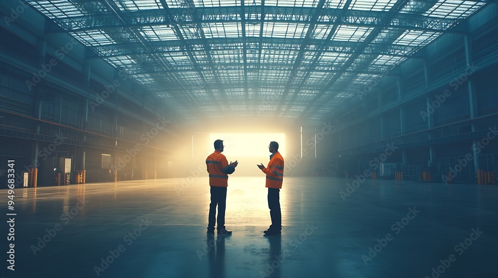 Poster two engineers talking standing in the middle of an empty warehouse inspecting planning future factor