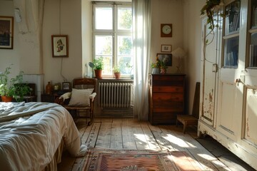 Fototapeta premium A bedroom featuring a bed, dresser, and window, The cozy charm of the old flat compared to the sleek efficiency of underfloor heating