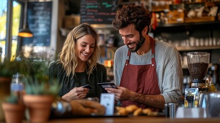 Happy couple paying the bill of the coffee shop using a contactless creditcard payment Young adult customer woman doing a purchase on a restaurant to the cashier with a debit card Peop : Generative AI