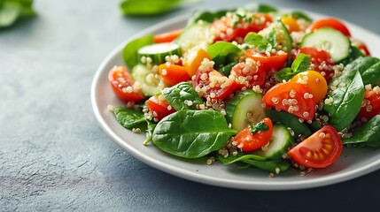 Fresh baby spinach quinoa tomato cucumber salad  on plate with white copy space Vegan food balanced with plant protein and fresh vegetables : Generative AI