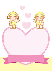 어린이집 유치원 하트 위에 앉아 남자 아이 여자 아이 메모지