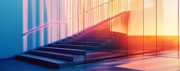 Neon reflections and shadows on modern stairs against a glass curtain wall, captured with a motion blur effect for a high-resolution urban art poster.