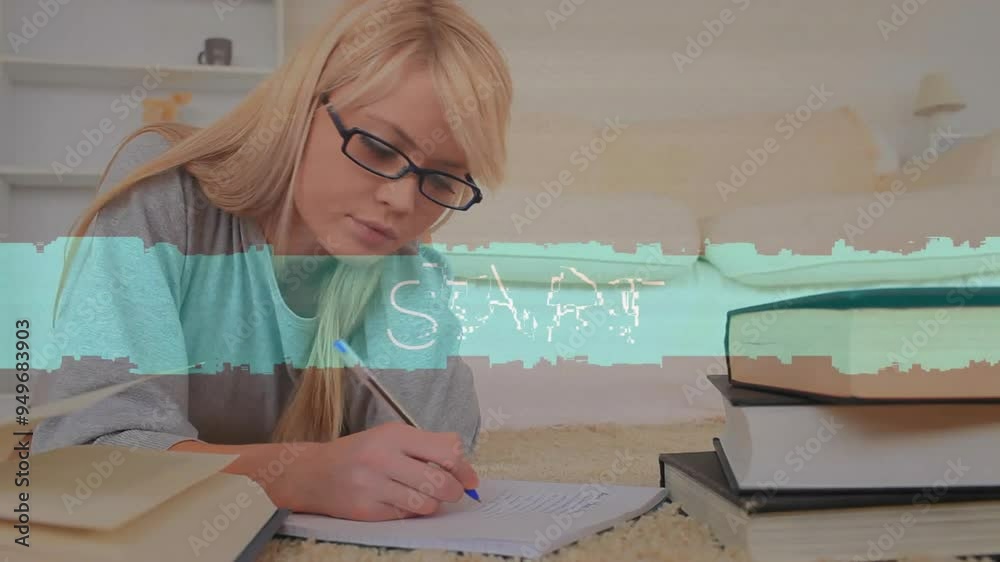 Wall mural Writing on paper, woman studying over START text animation