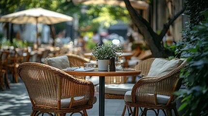 sidewalk cafe with wicker furniture and leather cushioned furniture under a parasol : Generative AI