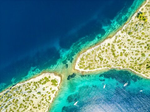 Kornati Islands, Croatia - August 2, 2024: Aerial view of famous Adriatic sea sailing destination, Kornati archipelago national park. Dalmatia region of Croatia