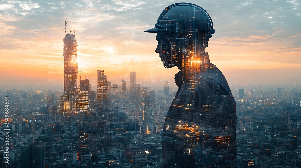 Aufkleber The double exposure image of the engineer thinking overlays with cityscape image with copy space The concept of engineering construction futuristic and industry : Generative AI