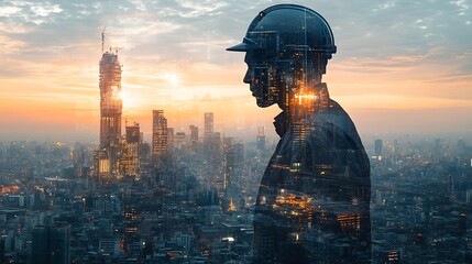 The double exposure image of the engineer thinking overlays with cityscape image with copy space The concept of engineering construction futuristic and industry : Generative AI