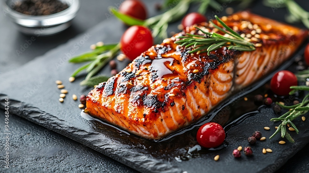 Poster delicious red salmon fish grilled with sauce and sesame seeds with rice vegetables spices and herbs 