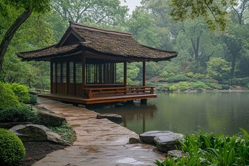 Tranquil Japanese Garden Pavilion Overlooking a Pond