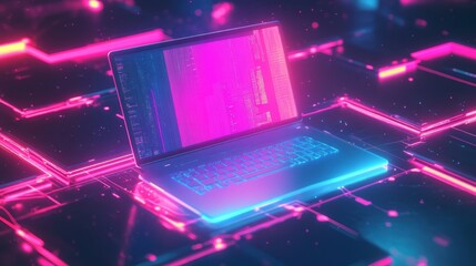 Obraz premium Futuristic illustration about computer technology with a laptop in neon colors. For cover backgrounds, wallpapers and other modern projects.