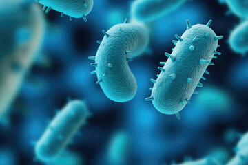 Magnified view of bacteria in vibrant blue, showcasing diverse shapes and intricate surface structures, highlighting microbial life in a microscopic realm.