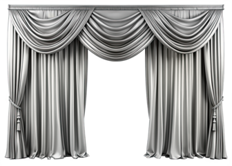 A set of silver stage curtains with a decorative valance and tassels, isolated on a white background