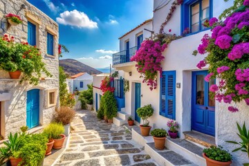 Dreamy blue and white Greek village perched on rolling hillside with flower-filled windows and cobbled streets radiating whimsical charm and idyllic simplicity.