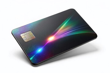 black credit card with holographic icon shimmering on high-gloss surface conveying sophistication futuristic payment systems