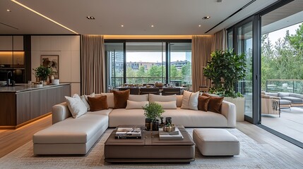 Living room lounge area in luxury apartment show home showing interior design decor furnishing with balcony terrace and open plan kitchen : Generative AI