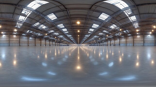 full seamless spherical hdri panorama 360 degrees in interior of large empty room as warehouse hangar or gallary with spotlights in equirectangular projection VR AR concept : Generative AI